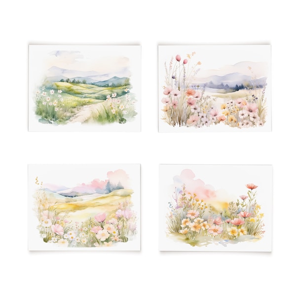 Watercolor Landscape Card, Floral Cards with Envelopes, Botanical Card Set, Nature Lover Card with Floral Meadow, Fine Art Cards