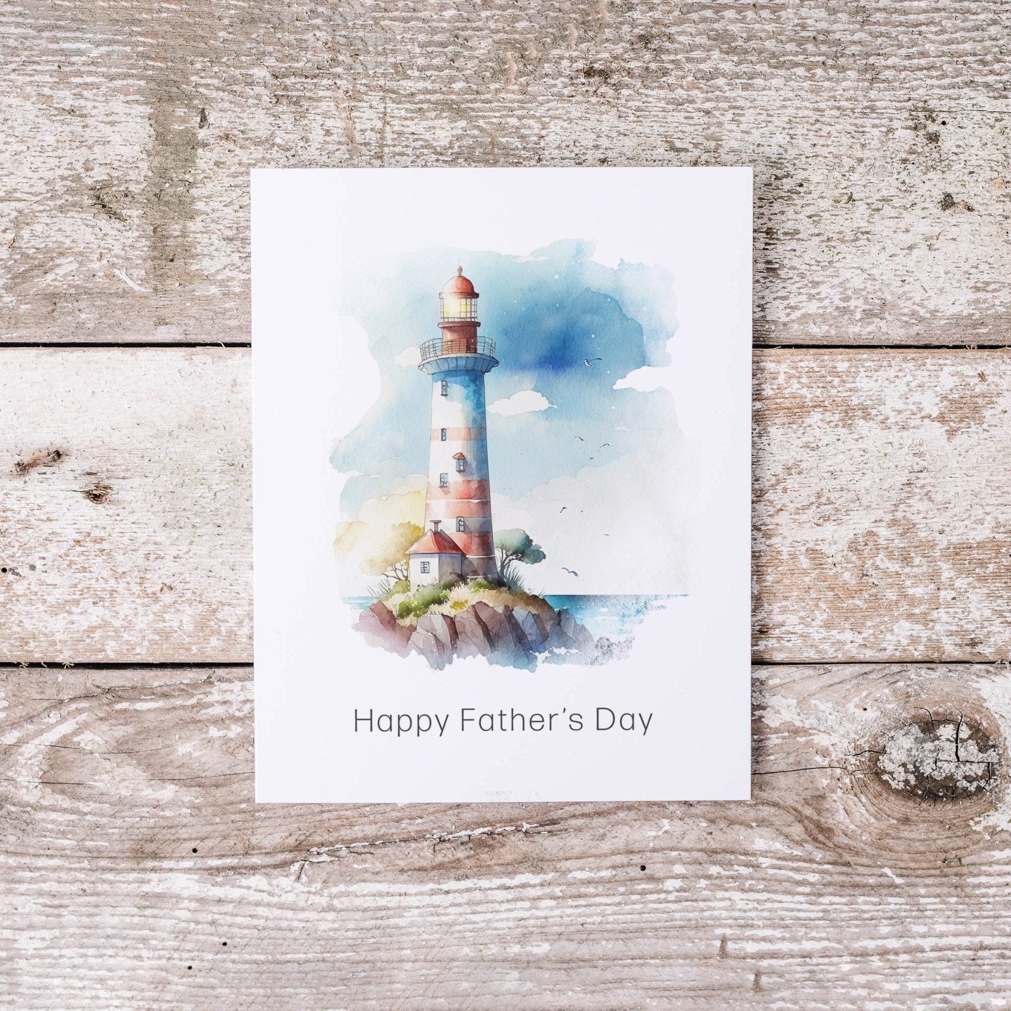 Happy Fathers Day Card With Watercolor Lighthouse Print, Father's Day ...