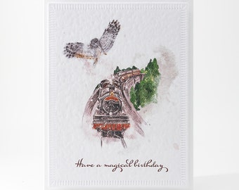 Train Birthday Card, Handmade Greeting Card for Magical Boy with Vintage Steam Train Express and Owl Art