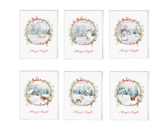 Cartes de vœux hivernales aquarelles : cartes de Noël forêt avec des animaux de la forêt dans des scènes enchanteresses, carte de Noël en boîte