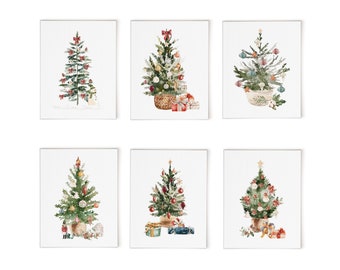 Boxed Christmas Card, Minimalist Tree Variety Set: Watercolor Holiday Greeting Cards Bundle