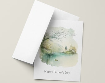 Watercolor Fishing Father’s Day Card: Linen Cardstock Greeting with Nautical Design for Dad