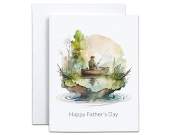 Watercolor Fishing Father’s Day Card: Linen Cardstock Greeting with Nautical Design for Dad