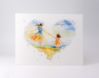 Love You Mom Card: Watercolor Mother & Daughter, Linen Cardstock