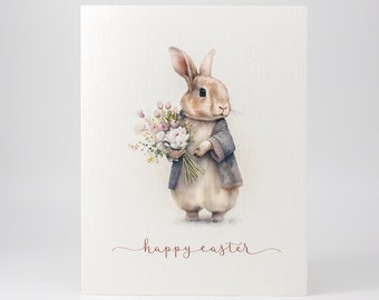 Watercolor Easter Bunny Card: Vintage Floral Rabbit Greeting