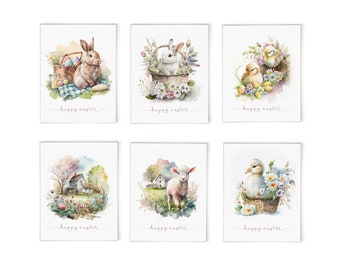 Easter Card Set, Easter Card Pack, Happy Easter Card With Bunny, Easter Card Watercolor, Cute Easter Card with Lamb, Easter Chick Card