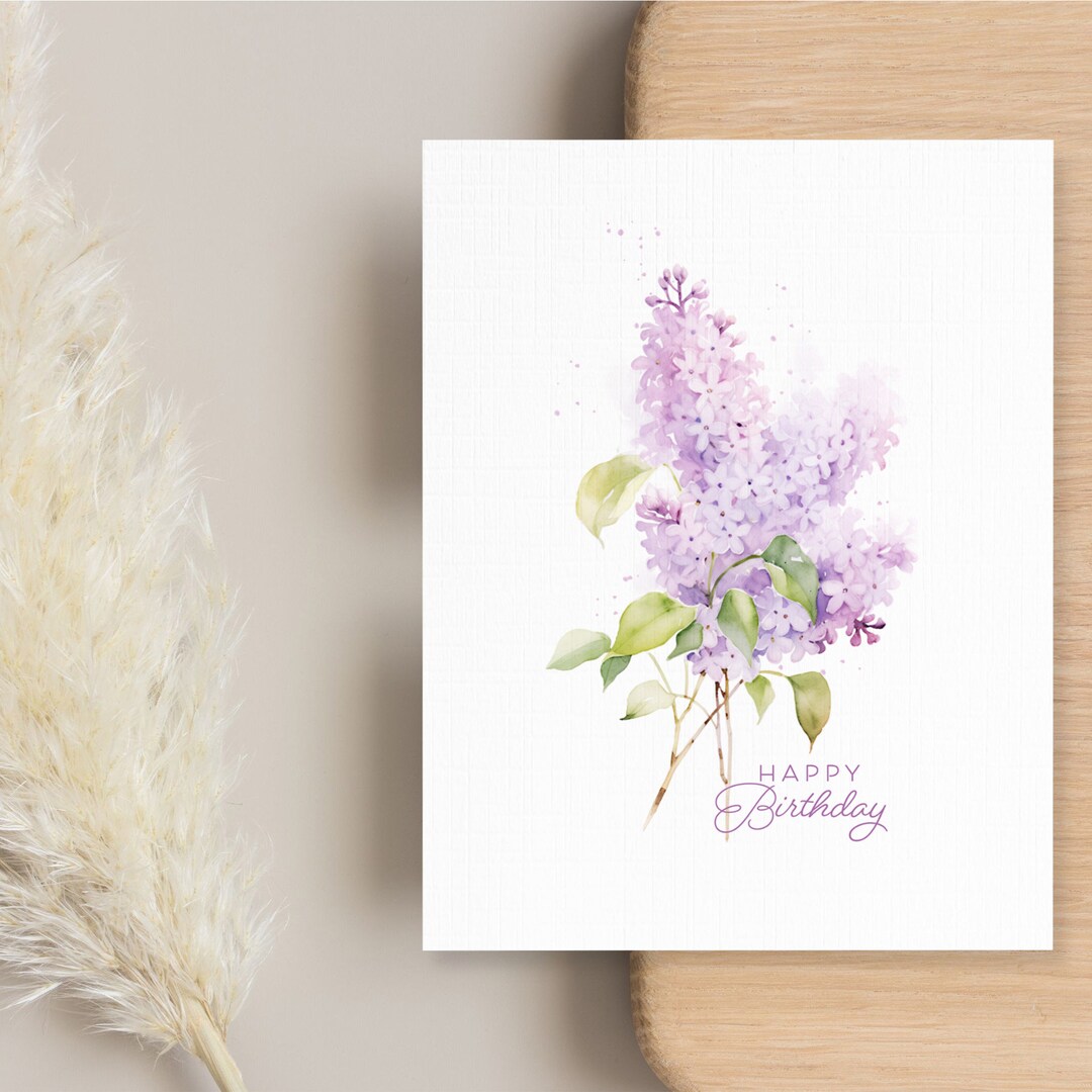 Lilac Watercolor Purple Birthday Card Botanical Spring Flowers Gift for ...