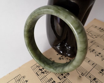 Vintage Jadeite Jade Bangle Bracelet - Moss Green Marbled Jade 57.5 mm, Hand Carved (Grade-A Jade)