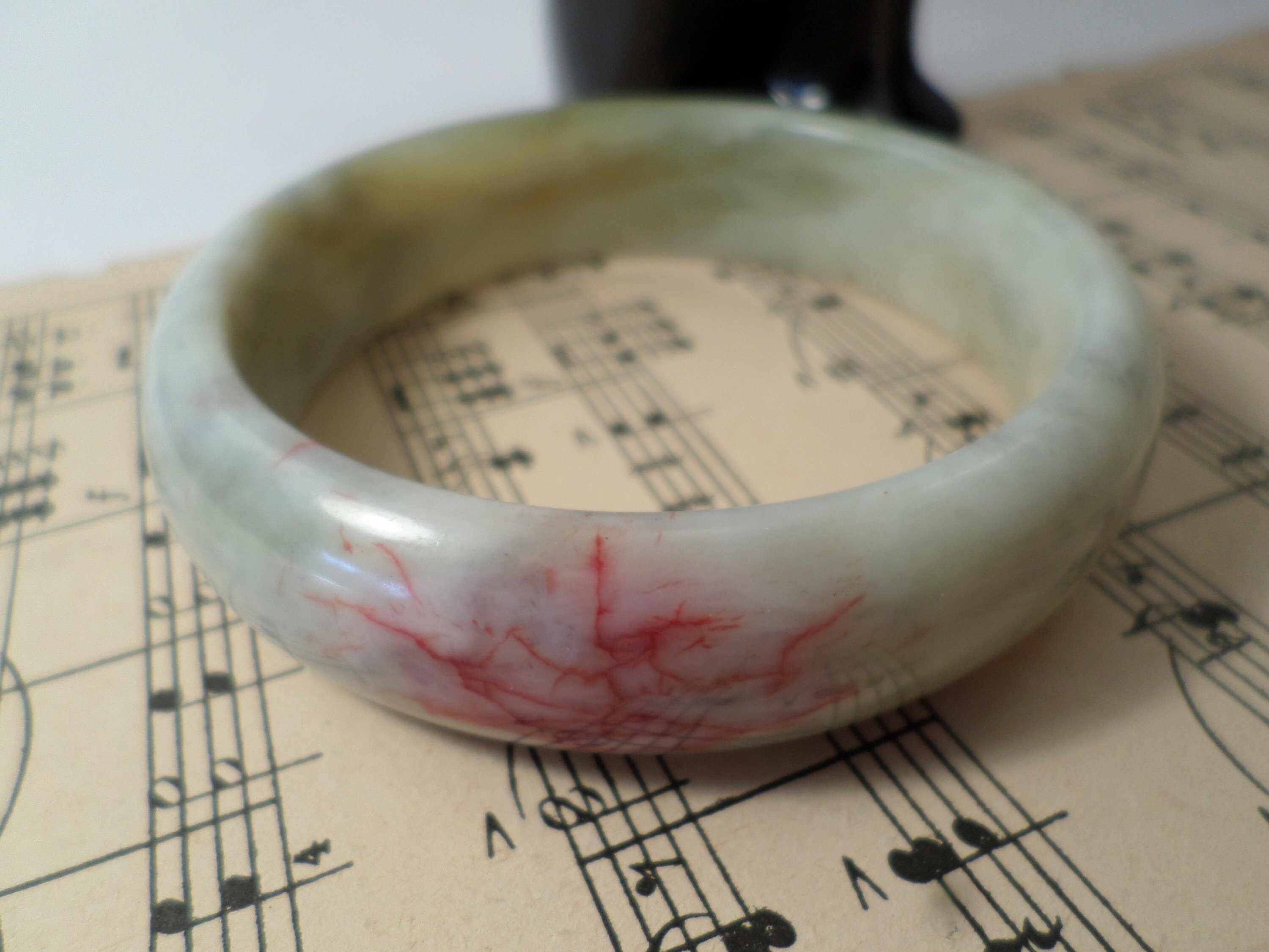 Vintage Jadeite Jade Bangle Bracelet - Rare Pale Green Jade with Red Veins, Peach Blossom Chicken Blood, 63.6 mm, Hand Carved (Grade-A Jade)