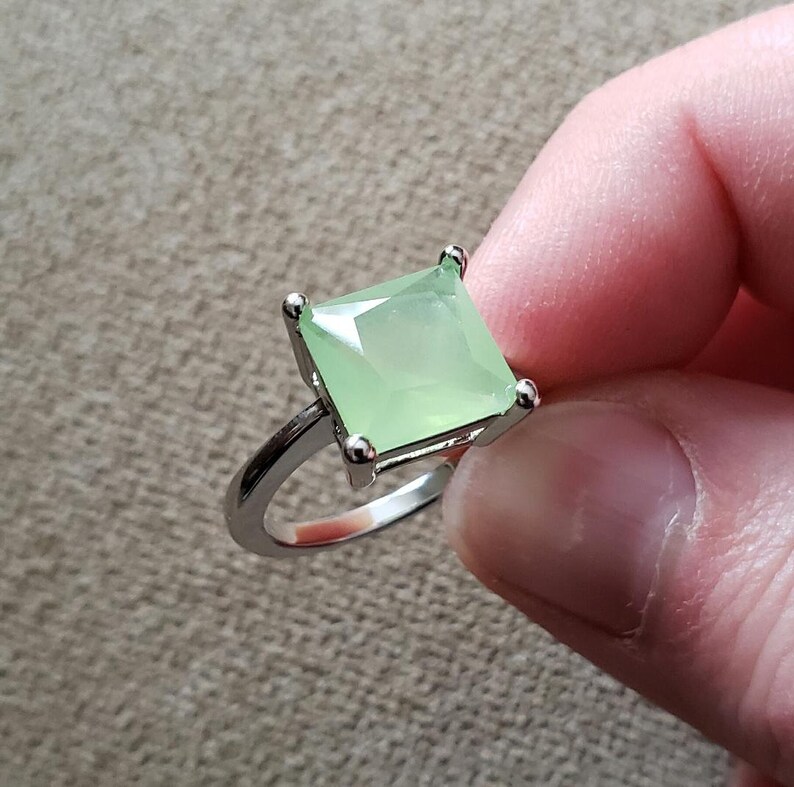 Gorgeous 5 Carat Lab Created Green Prehnite Princess Cut Statement Ring Silver Filled Ring Size 7 Promise Gem Gift Women Engagement
