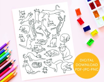 Cats & Kittens Coloring Sheet - Instant Download - Printable Coloring Page