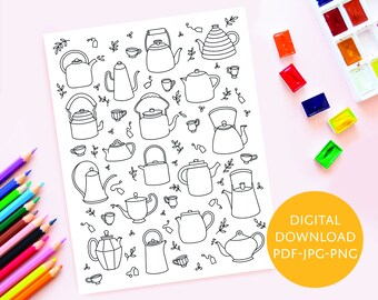 Teapot Coloring Sheet - Instant Download - Printable Teatime Coloring Page - Adult and Kid Afternoon Tea Coloring Sheet - Teacups & Teabags