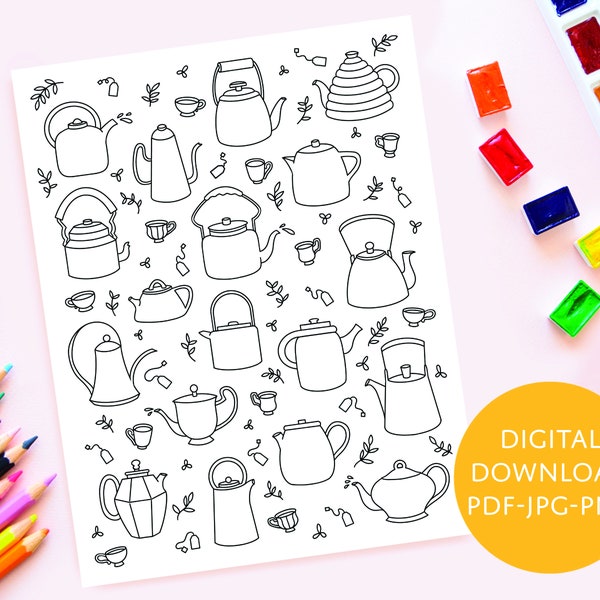 Teapot Coloring Sheet - Instant Download - Printable Teatime Coloring Page - Adult and Kid Afternoon Tea Coloring Sheet - Teacups & Teabags