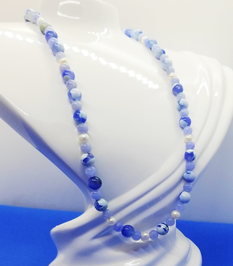 21.5 Gemstone Fire Agate Angelite and Pearl Necklace Pearl Handmade Necklace Fire Agate Artisan Crafted Blue Angelite