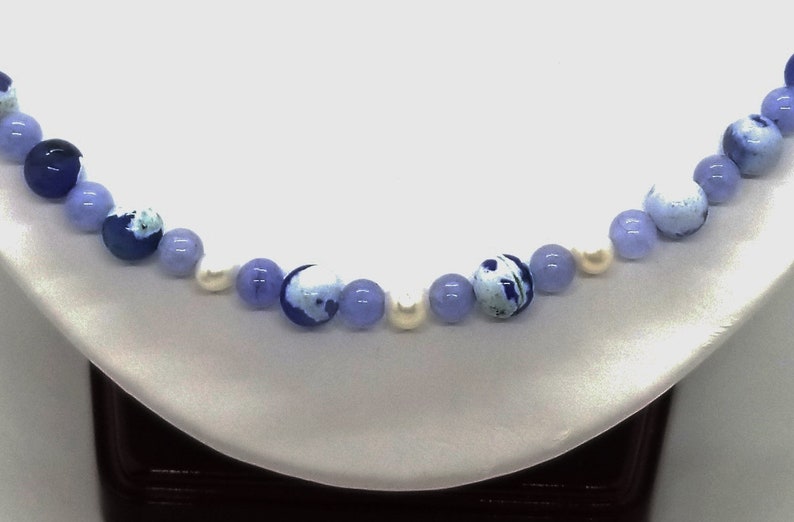21.5 Gemstone Fire Agate Angelite and Pearl Necklace Pearl Handmade Necklace Fire Agate Artisan Crafted Blue Angelite
