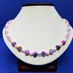 21.5 Gemstone Fire Agate Angelite and Pearl Necklace Pearl Handmade Necklace Fire Agate Artisan Crafted Blue Angelite