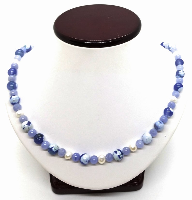 21.5 Gemstone Fire Agate Angelite and Pearl Necklace Pearl Handmade Necklace Fire Agate Artisan Crafted Blue Angelite