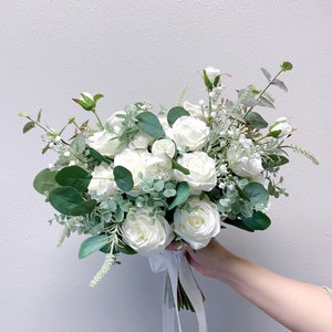 White Greenery Bridesmaids Bouquet White Rose Eucalyptus - Etsy