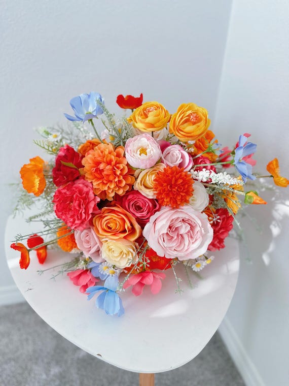 Hot Pink & Orange Brautstrauß, Bunt, Sonnenblume, Wildblumen, Frühling, Sommer, Hochzeitsstrauß