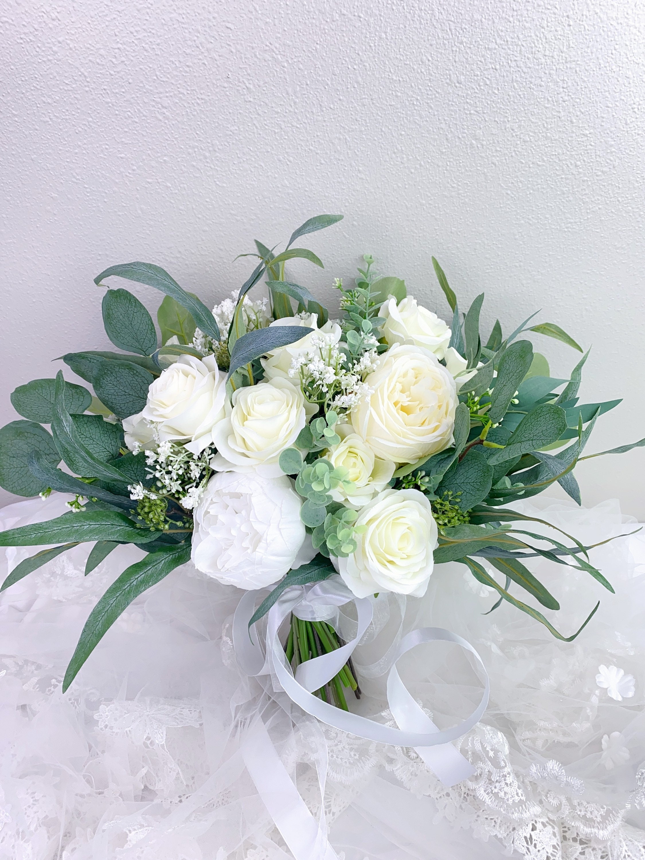 White Peonies, White Rose, Cream White Greenery Wedding Bouquet,  Bridesmaids Bouquet, Eucalyptus Bouquet 