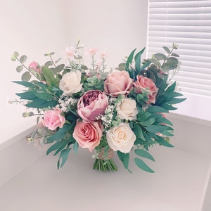 Dusty Rose Wedding Bouquet: Blush Pink Peonies, Eucalyptus, Boho Bridal Bouquet