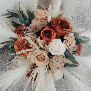 Burnt Orange ,pampas grass bouquet,Ivory beige bridal bridesmaids bouquets ,spring fall summer wedding ,