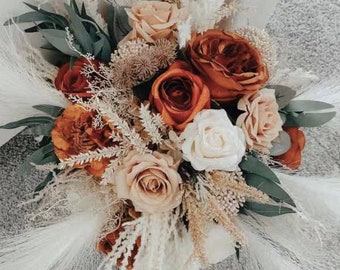 Burnt Orange ,pampas grass bouquet,Ivory beige bridal bridesmaids bouquets ,spring fall summer wedding ,