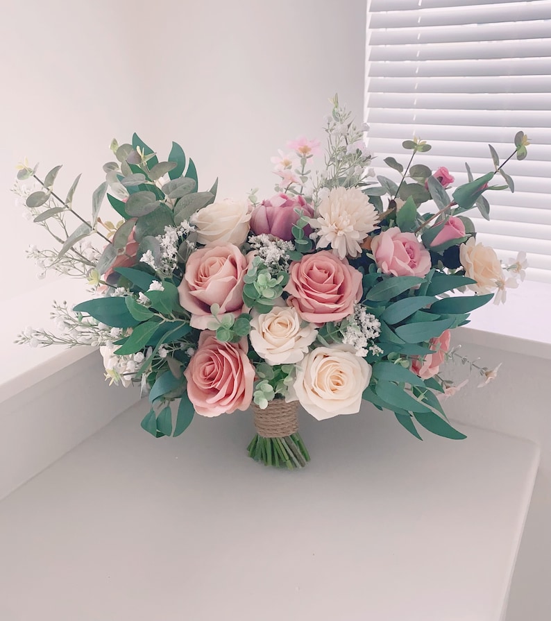 Wedding Bouquet, Dusty Rose, Blush Pink, White Cream, Rose Peonies Eucalyptus Bouquet, Boho Bouquets, Bridal Bridesmaids Bouquet image 2