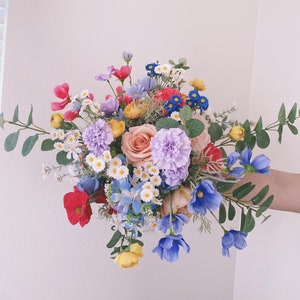 Wildflowers bouquet,colorful bouquet,hot pink ,peach,dusty blue,purple , Bridal Bridesmaids Bouquets, Spring & Summer Wedding,