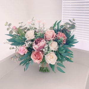 Wedding Bouquet, Dusty Rose, Blush Pink, White Cream, Rose Peonies Eucalyptus Bouquet, Boho Bouquets, Bridal Bridesmaids Bouquet image 10