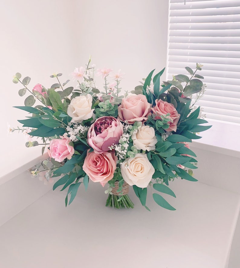 Wedding Bouquet, Dusty Rose, Blush Pink, White Cream, Rose Peonies Eucalyptus Bouquet, Boho Bouquets, Bridal Bridesmaids Bouquet image 10