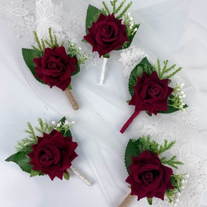 Wedding boutonnière , burgundy wedding boutonnieres、Groom Groomsmen boutonnieres