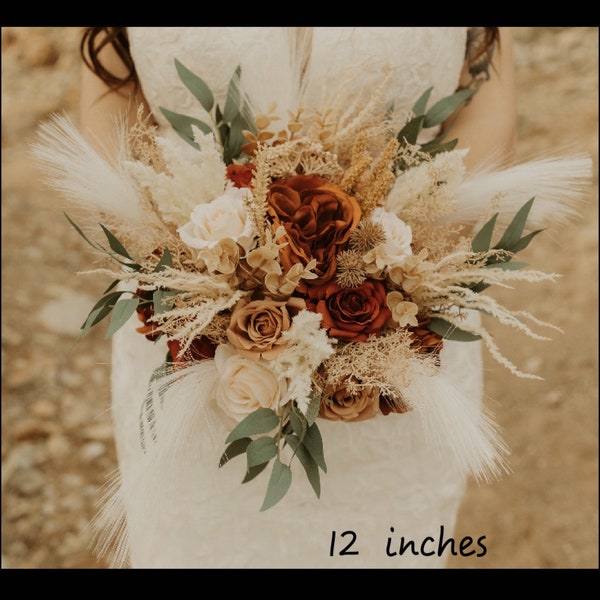 Burnt Orange , pampas grass Bouquets, Bridal Bridesmaids Bouquets,Ivory champagne beige Tan Bouquet, Boho Bouquet,