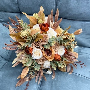 Burnt Orange & ivory bouquet,Wedding bouquet ,bridal bridesmaids bouquet ,fall wedding，eucalyptus,rose