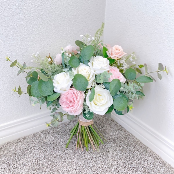 White & Blush Bouquet, Wedding Bouquet Boho Bouquets, Bridal Bridesmaids Bouquets, Spring Summer Wedding, Peonies, Rose, Eucalyptus