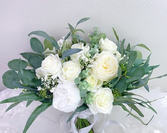 Peonies Rose bouquet，Cream White Greenery Wedding Bouquet, Bridesmaids Bouquet, Eucalyptus Bouquet