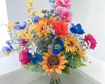 Wildflower Wedding Bouquet: Hot Pink, Orange, Sunflower Silk Flowers