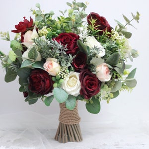 Burgundy Rose Wedding Bouquet: Silk Peonies & Eucalyptus