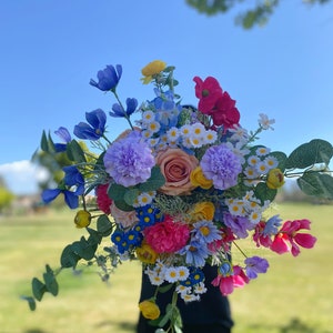 Colorful wildflowers bouquet,hot pink ,peach,dusty blue,purple,spring summer wedding