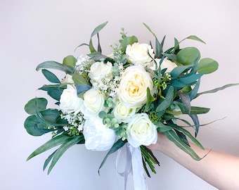 White Peony Wedding Bouquet: Cream Roses & Eucalyptus