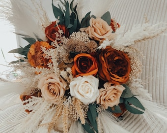 Burnt orange,ivory,sage green Wedding Bouquets Bridal Bridesmaids Bouquets, fall Winter Wedding Bouquet,