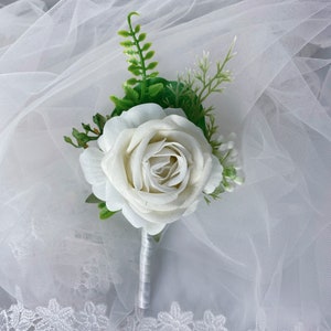 White Rose Wedding Boutonniere: Silk Flower Groom Groomsmen Accessory