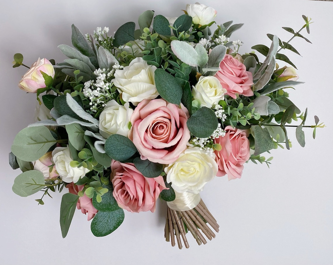 Wedding bouquet dusty roseblush pink white cream rose image 1