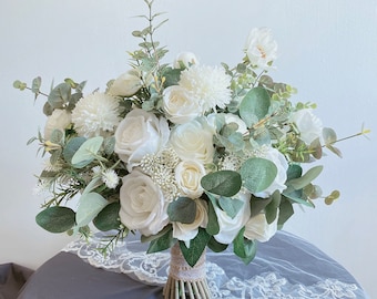 White Greenery Bridesmaids Bouquet, White Rose, Eucalyptus, Garden Wedding, Beach Wedding, Spring Wedding