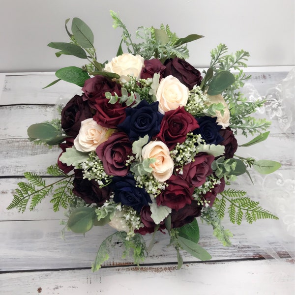 Navy &burgundy bouquet,Wedding bouquet ,wine,ivory ,dark blue,bridal bridesmaids bouquet ,winter wedding，dusty miller,eucalyptus,rose