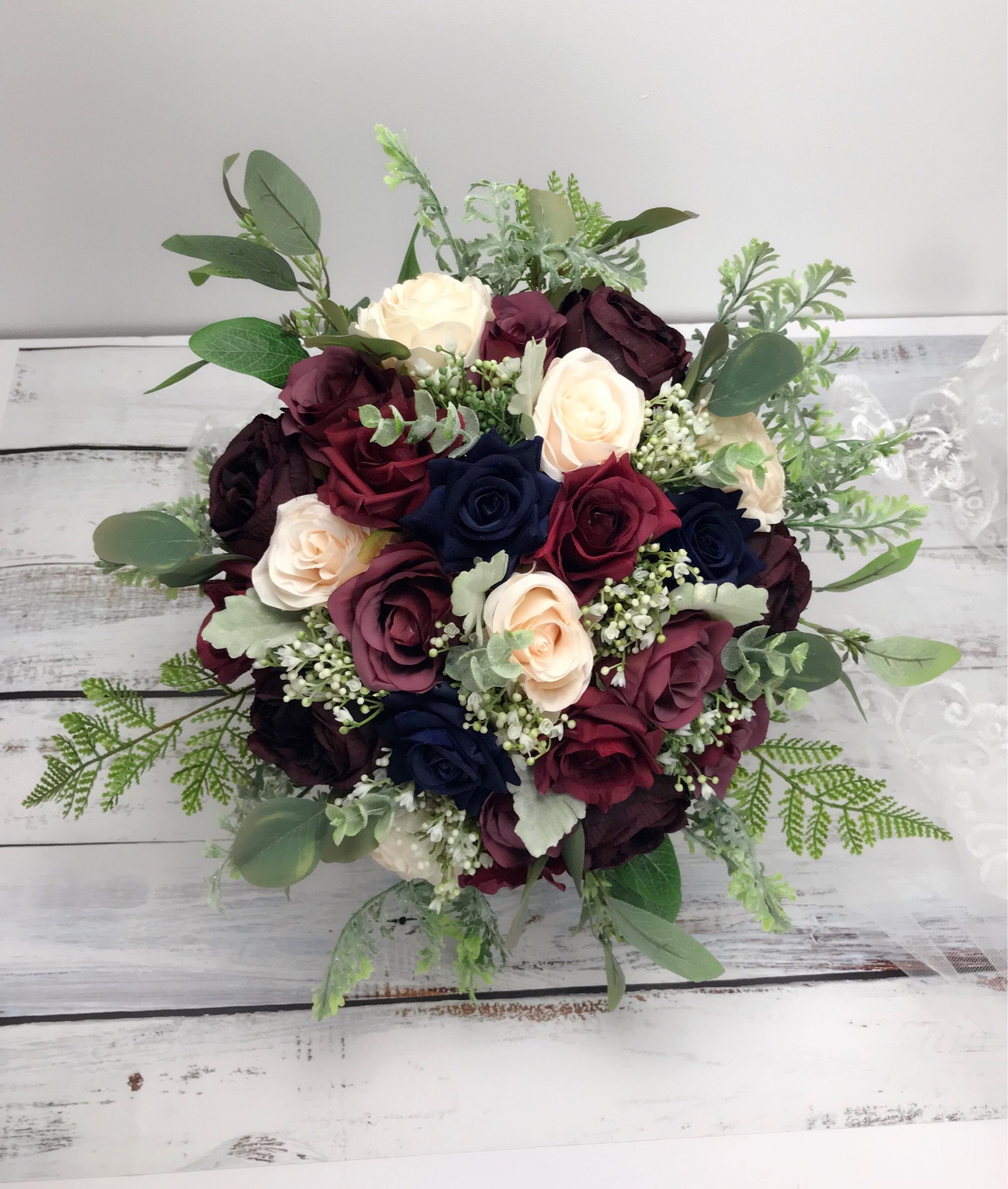 Navy & Burgundy Bouquet - Wedding Bouquet with Wine and Ivory
