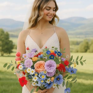 Colorful,hot pink , peach, dusty blue, purple, wedding bouquet, bridal bridesmaid bouquet ,spring summer wedding