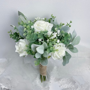 White Rose Wedding Bouquet: Silk Lambs Ear Bridesmaids Bouquet