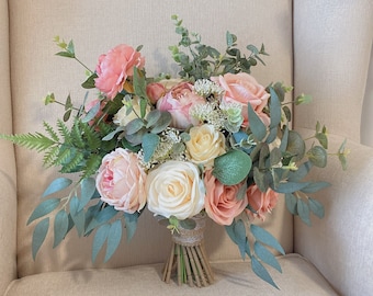 flower girl bouquet,Dusty blue , sage green,white rose, blush,baby’s  eucalyptus,bridesmaids bouquet,flower wedding decorations