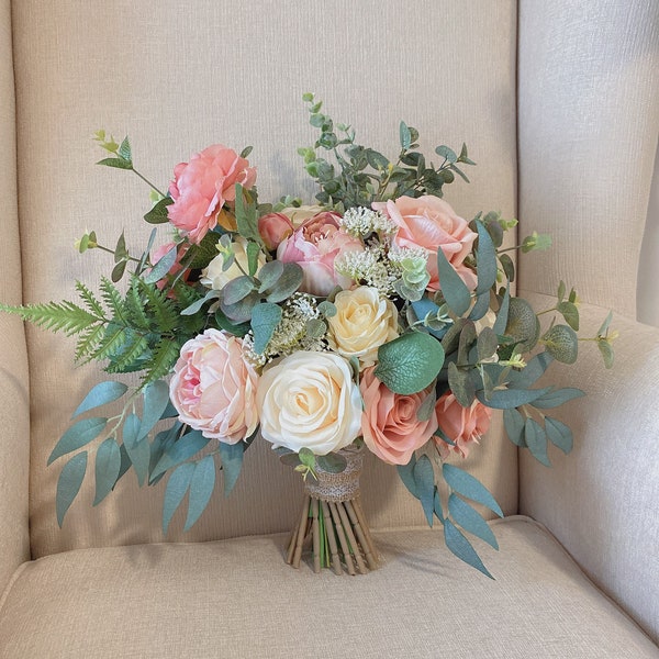 Wedding Bouquet, Dusty Rose, Blush Pink, White Cream, Rose Peonies Eucalyptus Bouquet, Boho Bouquets, Bridal Bridesmaids Bouquet